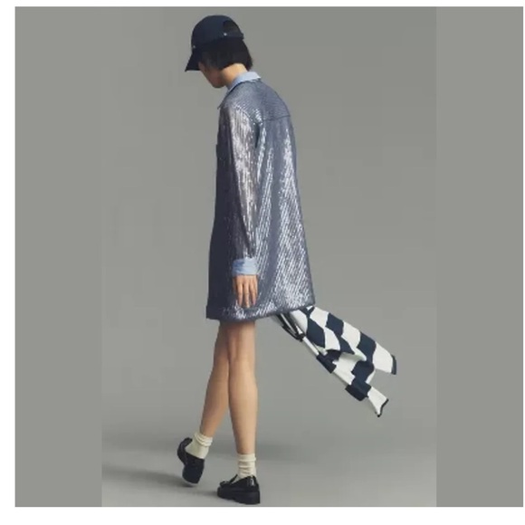 Pilcro Long Sleeve Sequin Mini Shirt Dress Blue Womens Size XL Collard Neckline - Picture 4 of 12